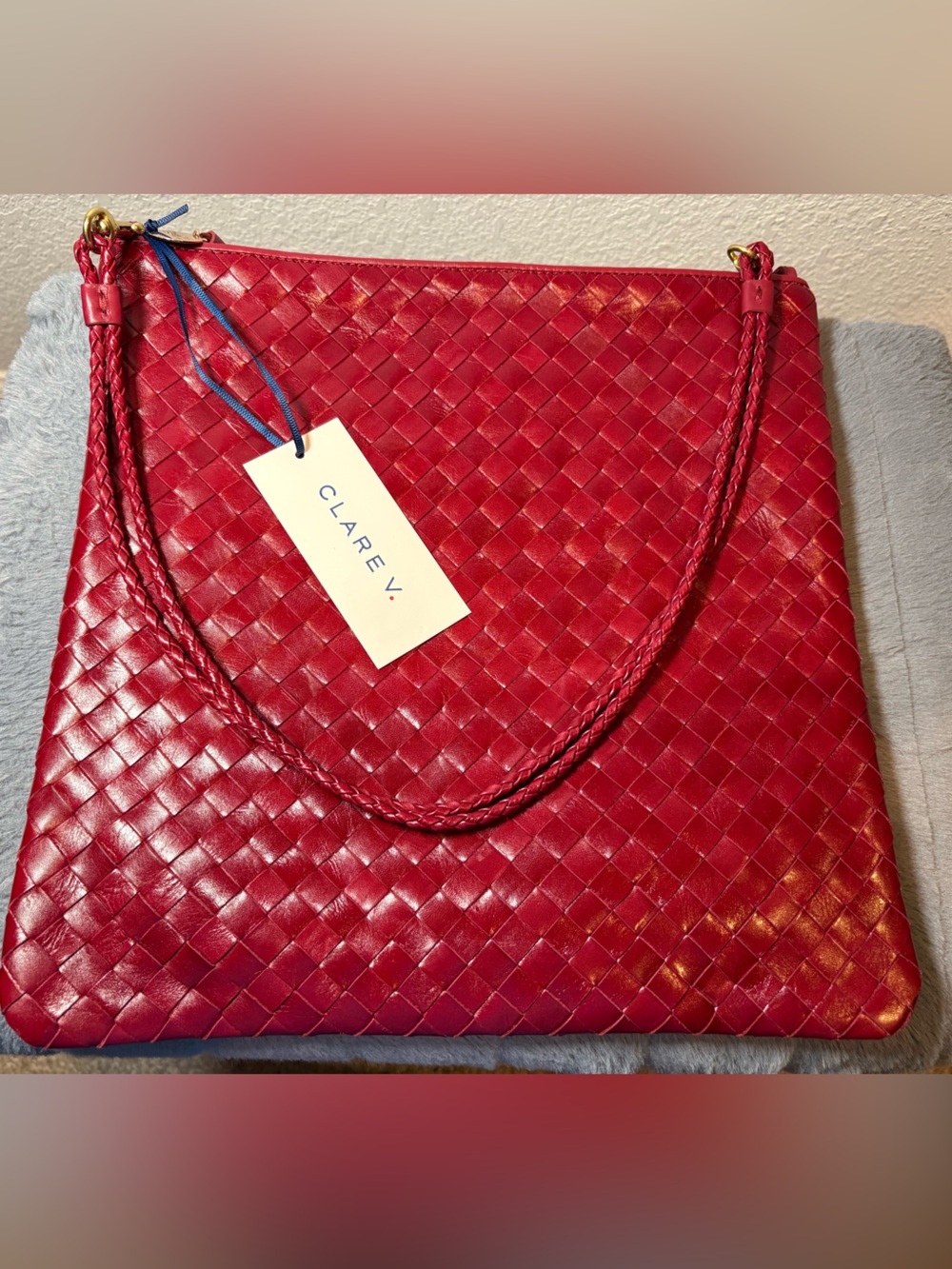 Clare V. fold over clutch with strap in garnet diagonal woven